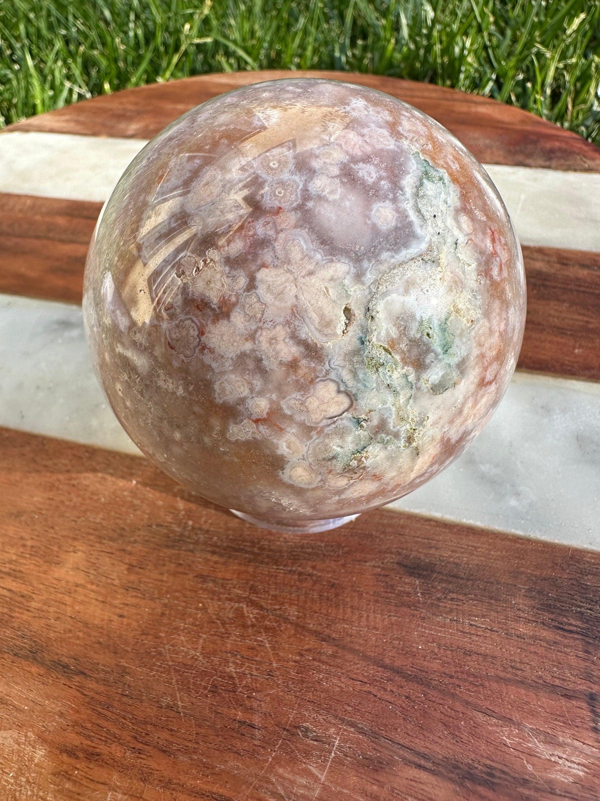 Flower agate sphere with druzy amethyst cave quartz gemmy