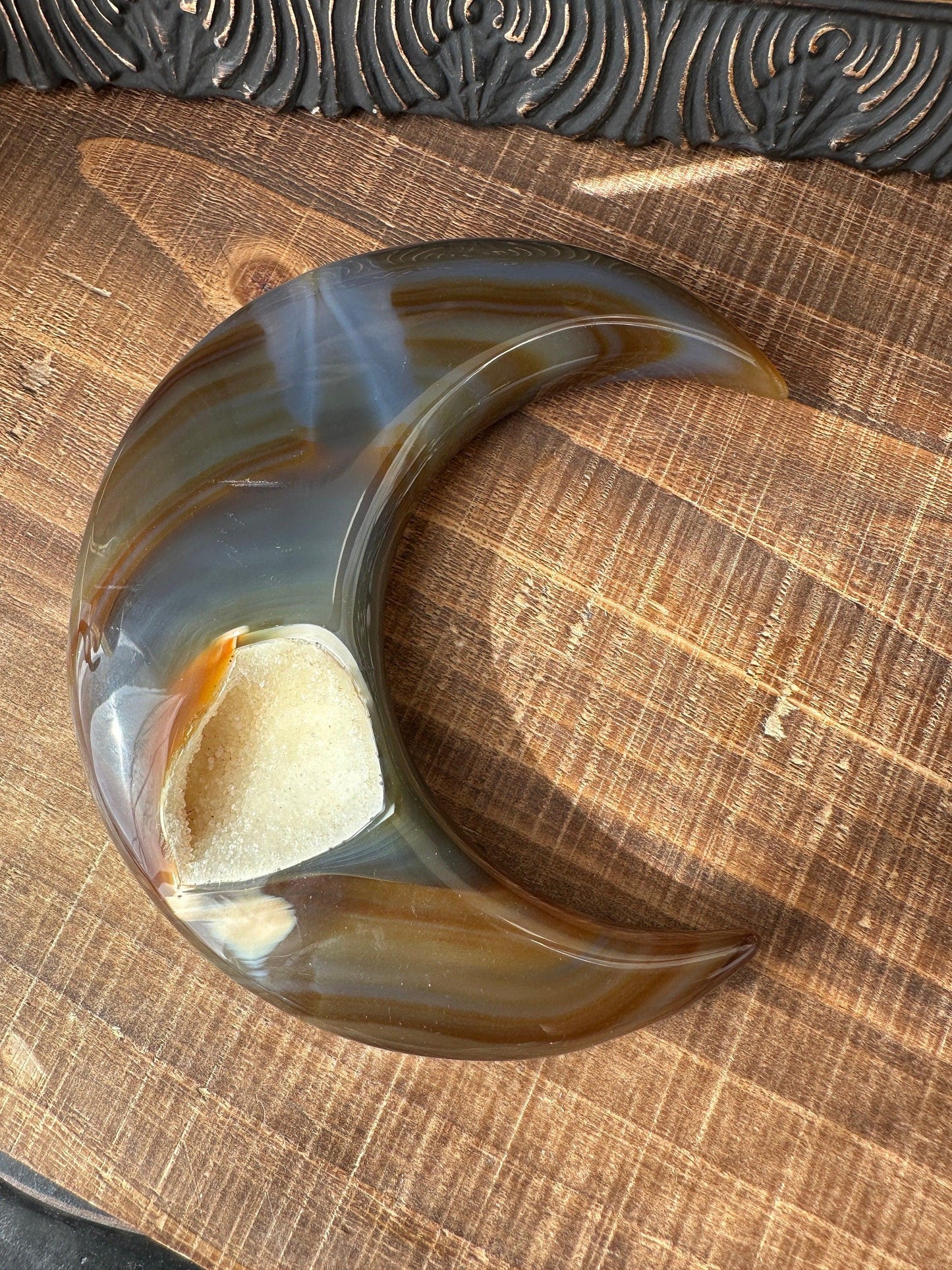 Translucent Blue Brown Banded Agate Crescent Moon Sugar Druzy Crystal Moon