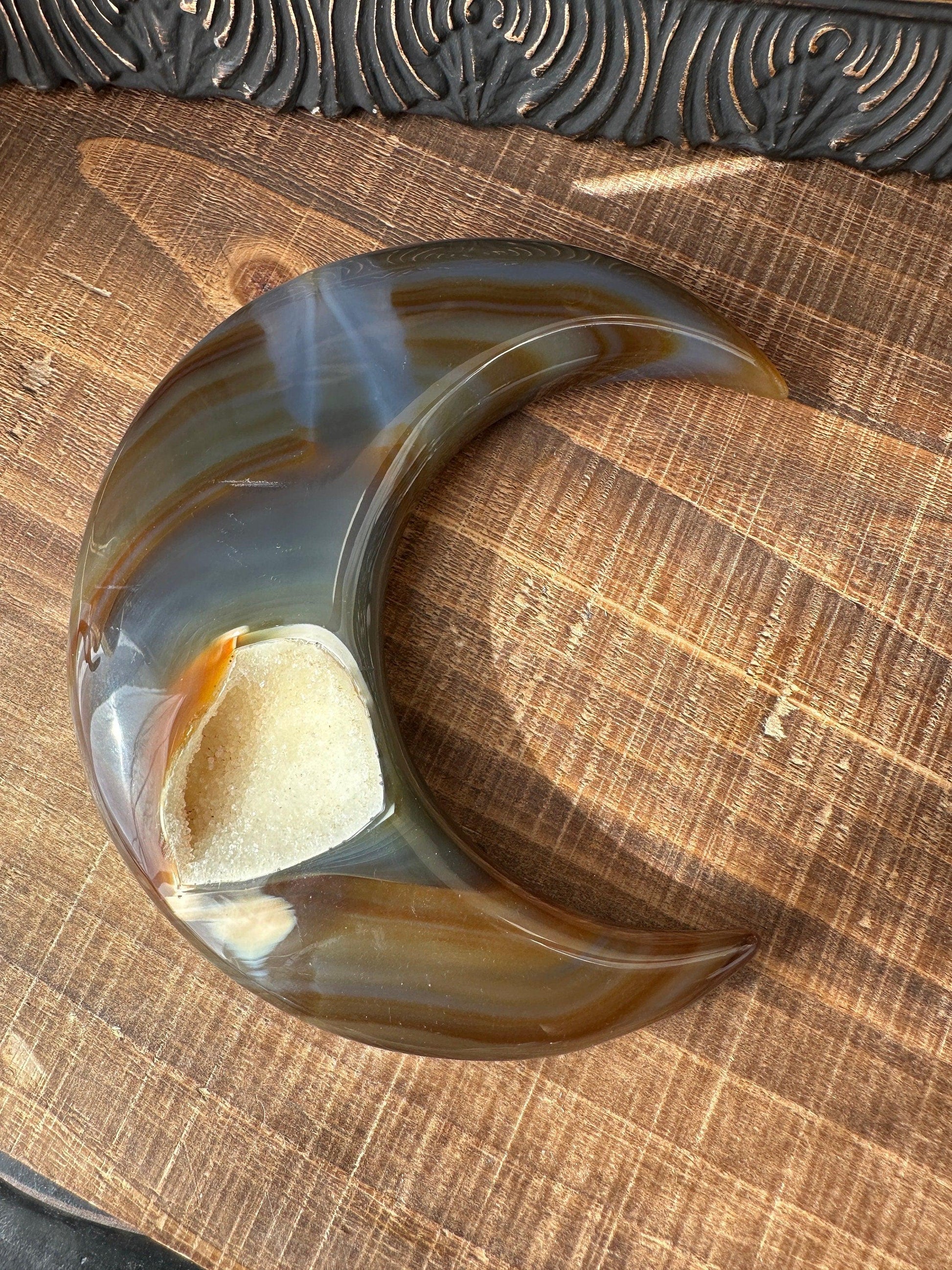 Translucent Blue Brown Banded Agate Crescent Moon Sugar Druzy Crystal Moon