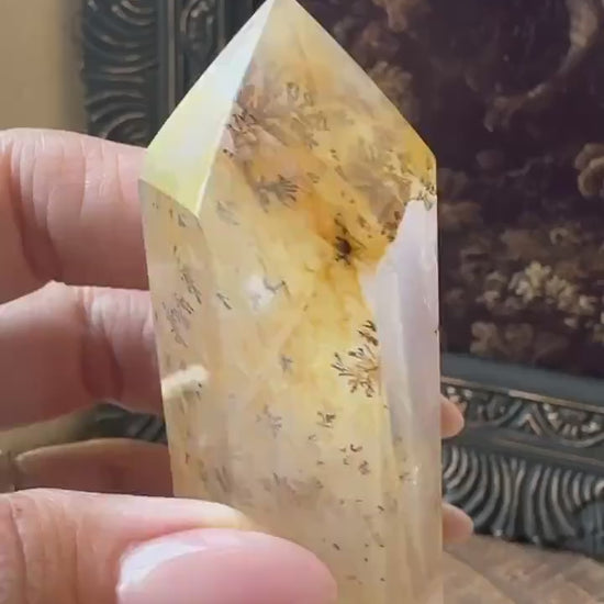 Transparent dendritic quartz tower with golden healer