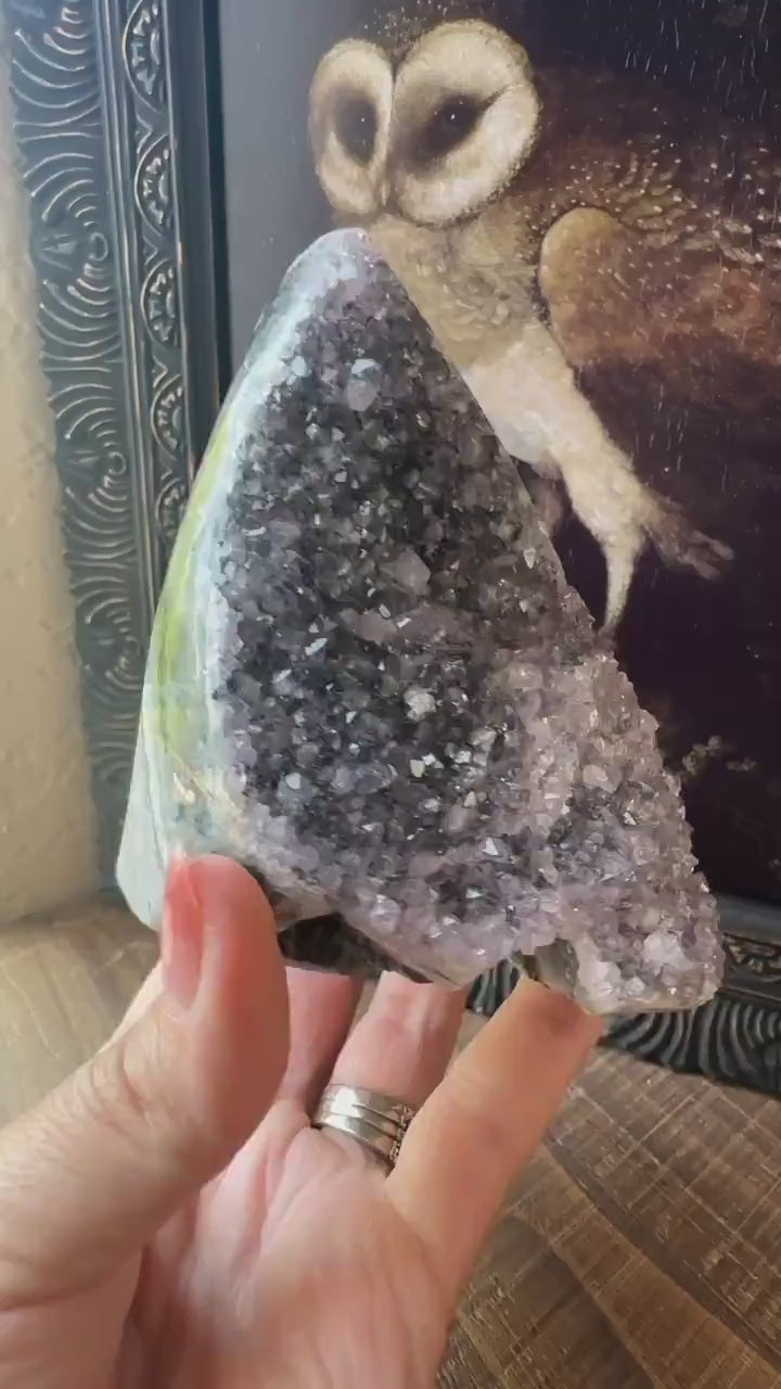 Uruguay Amethyst Cut Base with a Stalactite Black Unique Crystal Druzy