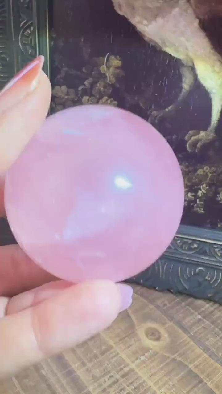 Six Star Rose Quartz Sphere with double stars, Juicy Pink Rose Quartz, Gemmy with rainbow