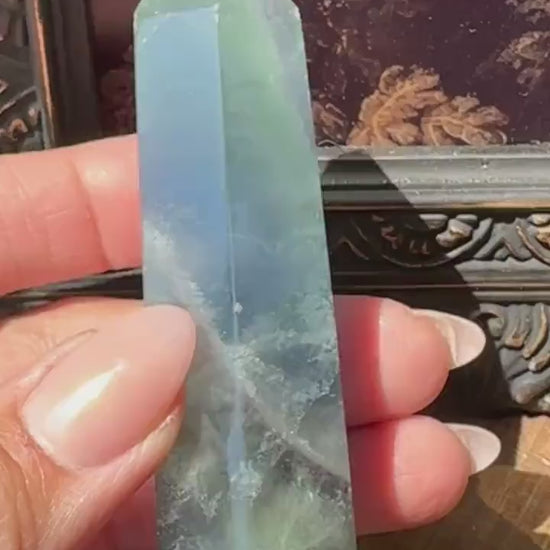 Blue Green fluorite tower with purple banding, fluorite point, rainbow fluorite