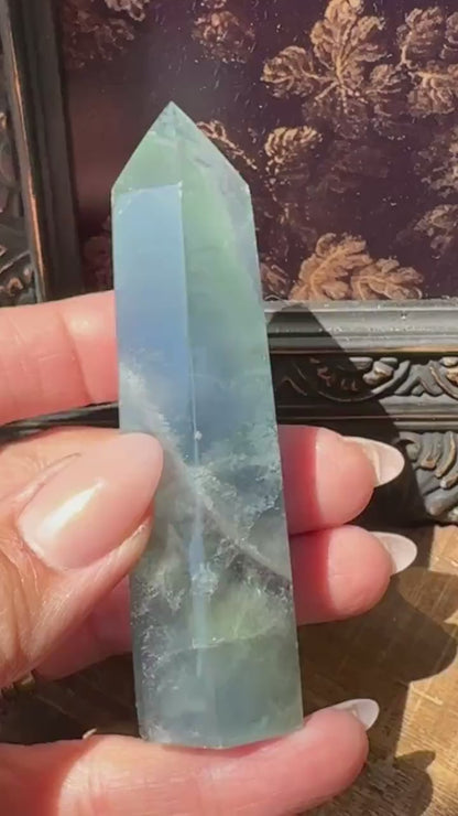 Blue Green fluorite tower with purple banding, fluorite point, rainbow fluorite