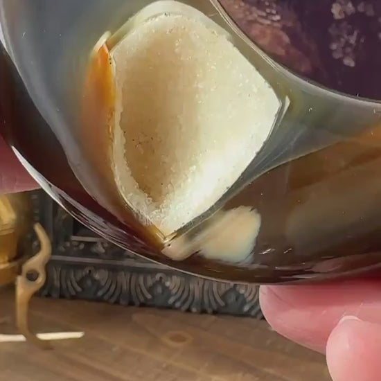 Translucent Blue Brown Banded Agate Crescent Moon Sugar Druzy Crystal Moon