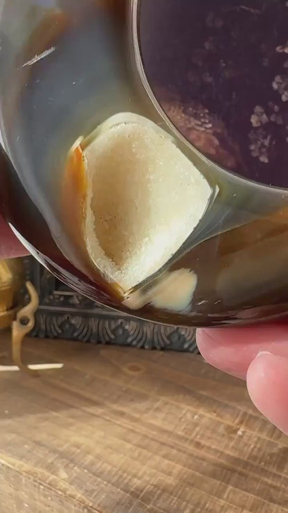 Translucent Blue Brown Banded Agate Crescent Moon Sugar Druzy Crystal Moon