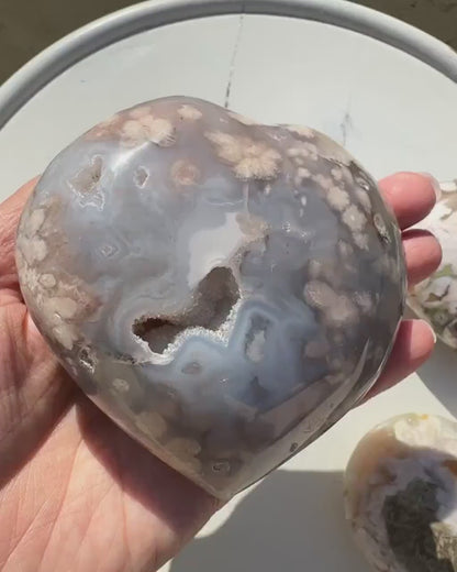 Flower Agate Heart/ Blue Flower Agate/ Pink Flower Agate Heart/ Cherry Blossom Agate/ Madagascar/ Puffy Heart/ Sakura