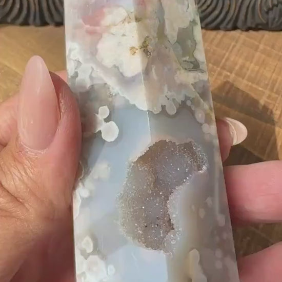 Sugar Druzy Blue Flower Agate Tower with Beautiful Pink & Blue Flower patter all over