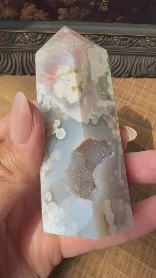 Sugar Druzy Blue Flower Agate Tower with Beautiful Pink & Blue Flower patter all over