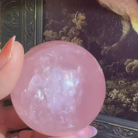 Six Star Rose Quartz Sphere Flashy Juicy Pink Rose Quartz, Gemmy with rainbow