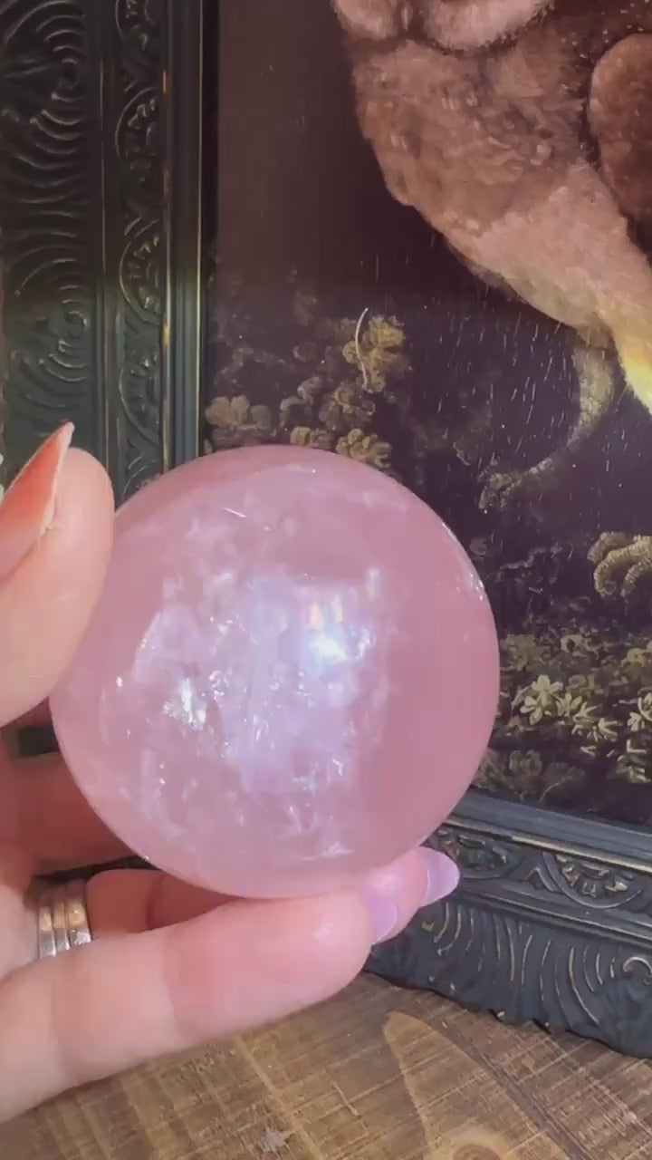 Six Star Rose Quartz Sphere Flashy Juicy Pink Rose Quartz, Gemmy with rainbow